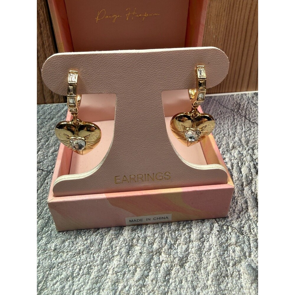 NIB Paige Harper Gold Plated Cubic Zirconia Dangling Drop Heart Earrings